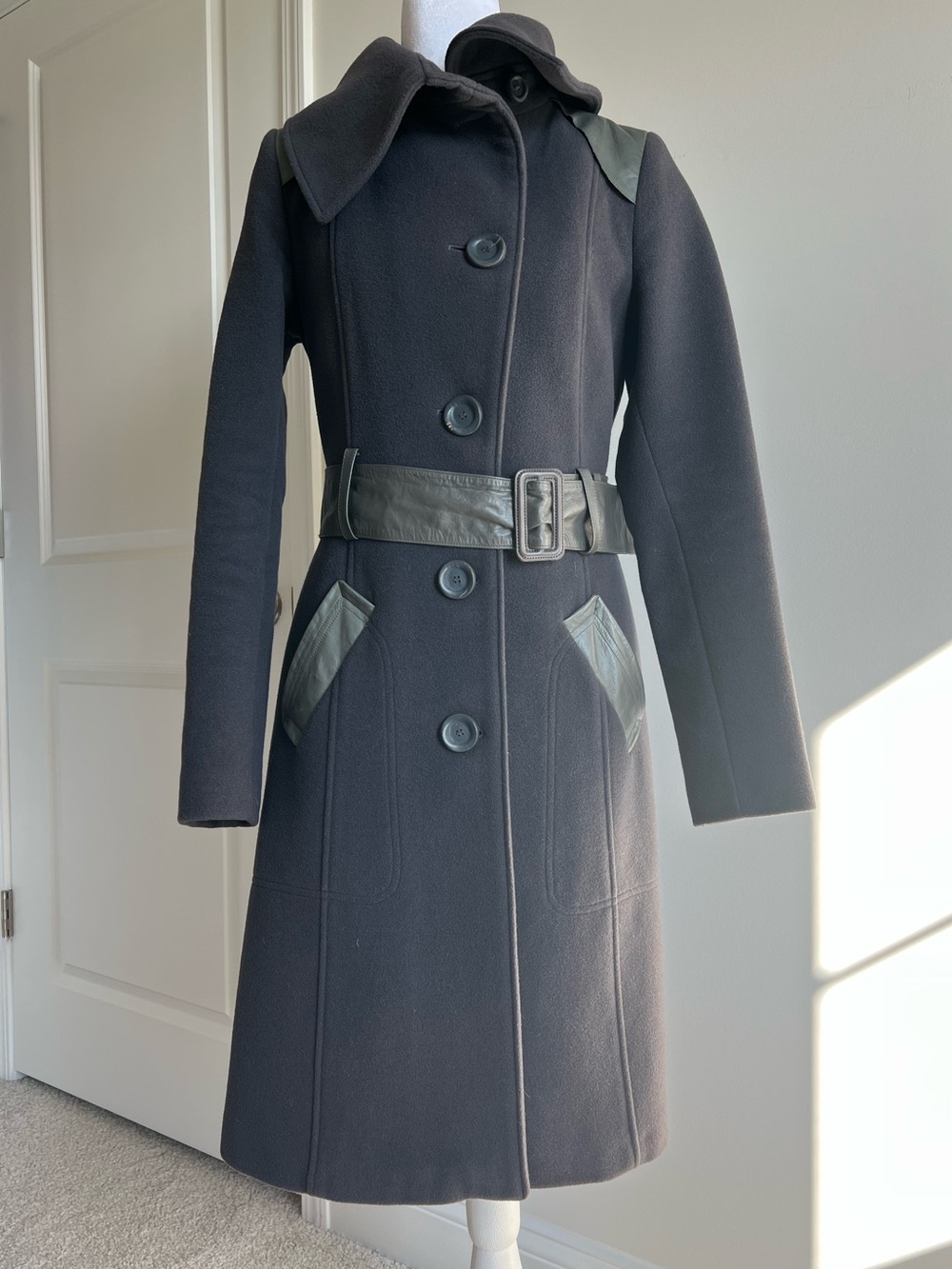 Mackage Dark Gray Wool & Cashmere Trench Coat with Leather Trim — Size P/S